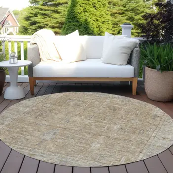 8' Tan Gray And Brown Round Oriental Washable Indoor Outdoor Area Rug