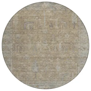 8' Tan Gray And Brown Round Oriental Washable Indoor Outdoor Area Rug