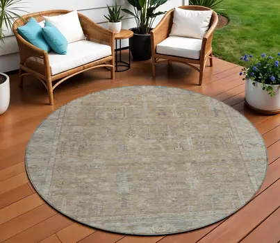 8' Tan Gray And Brown Round Oriental Washable Indoor Outdoor Area Rug