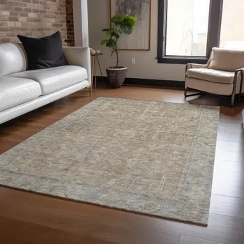 10' X 14' Tan Gray And Brown Oriental Washable Indoor Outdoor Area Rug