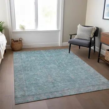 3' X 5' Teal Blue And Gray Oriental Washable Indoor Outdoor Area Rug