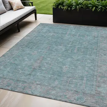5' X 8' Teal Blue And Gray Oriental Washable Indoor Outdoor Area Rug