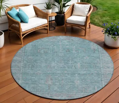 8' Teal Blue And Gray Round Oriental Washable Indoor Outdoor Area Rug