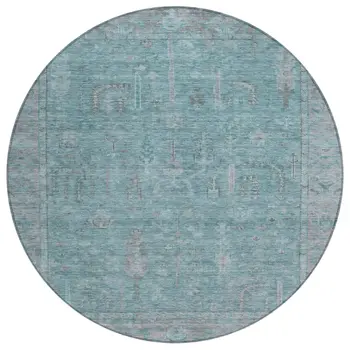 8' Teal Blue And Gray Round Oriental Washable Indoor Outdoor Area Rug