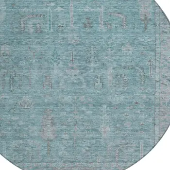 8' Teal Blue And Gray Round Oriental Washable Indoor Outdoor Area Rug