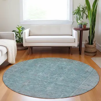 8' Teal Blue And Gray Round Oriental Washable Indoor Outdoor Area Rug