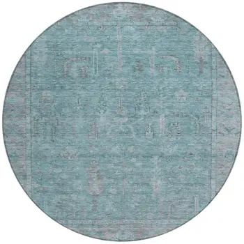 8' Teal Blue And Gray Round Oriental Washable Indoor Outdoor Area Rug