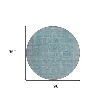 8' Teal Blue And Gray Round Oriental Washable Indoor Outdoor Area Rug