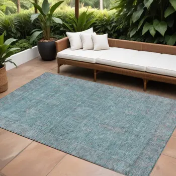 8' X 10' Teal Blue And Gray Oriental Washable Indoor Outdoor Area Rug