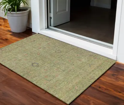 3' X 5' Artichoke Green Pink And Tan Floral Washable Indoor Outdoor Area Rug