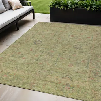 5' X 8' Artichoke Green Pink And Tan Floral Washable Indoor Outdoor Area Rug