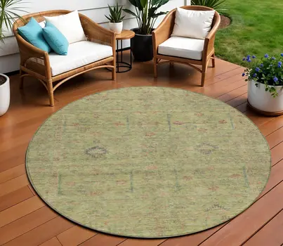 8' Artichoke Green Pink And Tan Round Floral Washable Indoor Outdoor Area Rug