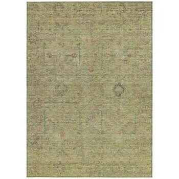 9' X 12' Artichoke Green Pink And Tan Floral Washable Indoor Outdoor Area Rug