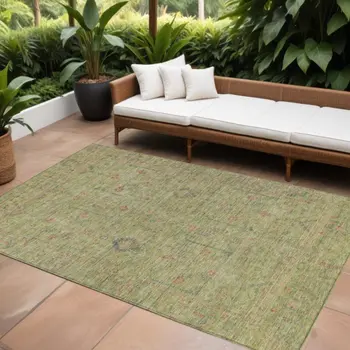 10' X 14' Artichoke Green Pink And Tan Floral Washable Indoor Outdoor Area Rug