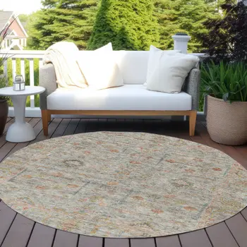 8' Taupe Terra Cotta And Tan Round Floral Washable Indoor Outdoor Area Rug