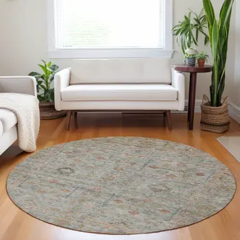 8' Taupe Terra Cotta And Tan Round Floral Washable Indoor Outdoor Area Rug
