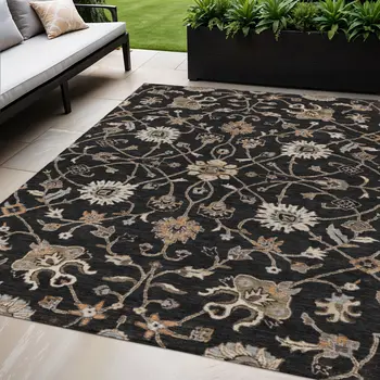5' X 8' Black Brown And Ivory Floral Washable Indoor Outdoor Area Rug