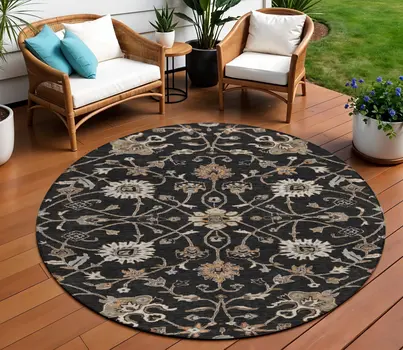 8' Black Brown And Ivory Round Floral Washable Indoor Outdoor Area Rug