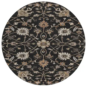 8' Black Brown And Ivory Round Floral Washable Indoor Outdoor Area Rug