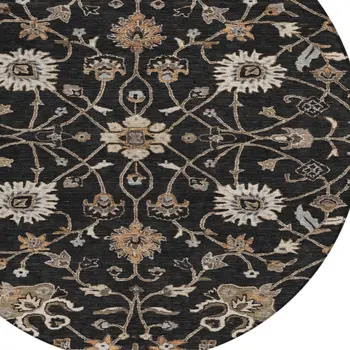 8' Black Brown And Ivory Round Floral Washable Indoor Outdoor Area Rug