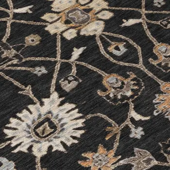 8' Black Brown And Ivory Round Floral Washable Indoor Outdoor Area Rug