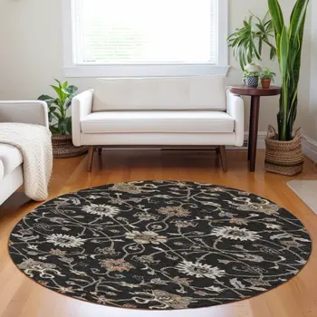 8' Black Brown And Ivory Round Floral Washable Indoor Outdoor Area Rug