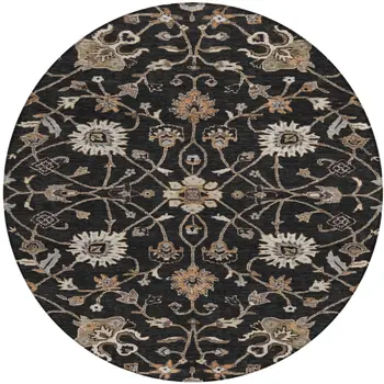 8' Black Brown And Ivory Round Floral Washable Indoor Outdoor Area Rug