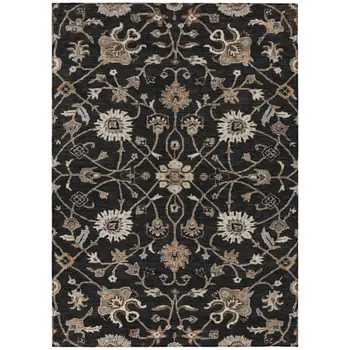 8' X 10' Black Brown And Ivory Floral Washable Indoor Outdoor Area Rug
