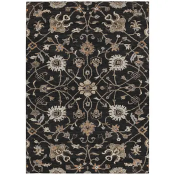 9' X 12' Black Brown And Ivory Floral Washable Indoor Outdoor Area Rug