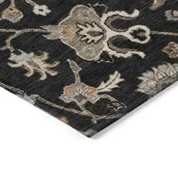 9' X 12' Black Brown And Ivory Floral Washable Indoor Outdoor Area Rug