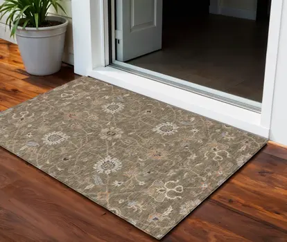 3' X 5' Brown Ivory And Coral Floral Washable Indoor Outdoor Area Rug