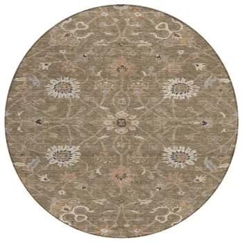 8' Brown Ivory And Coral Round Floral Washable Indoor Outdoor Area Rug