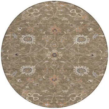 8' Brown Ivory And Coral Round Floral Washable Indoor Outdoor Area Rug