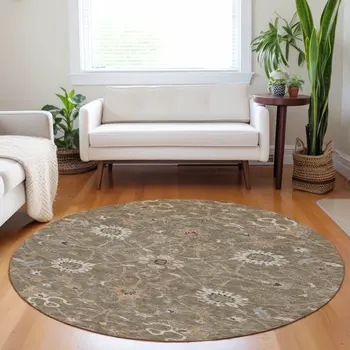 8' Brown Ivory And Coral Round Floral Washable Indoor Outdoor Area Rug