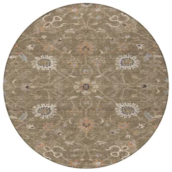8' Brown Ivory And Coral Round Floral Washable Indoor Outdoor Area Rug