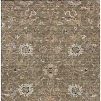 8' X 10' Brown Ivory And Coral Floral Washable Indoor Outdoor Area Rug