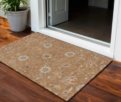 3' X 5' Copper Ivory And Black Floral Washable Indoor Outdoor Area Rug