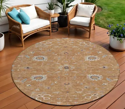 8' Copper Ivory And Black Round Floral Washable Indoor Outdoor Area Rug