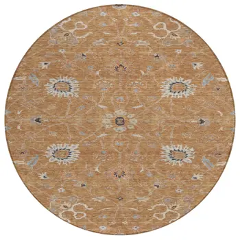 8' Copper Ivory And Black Round Floral Washable Indoor Outdoor Area Rug