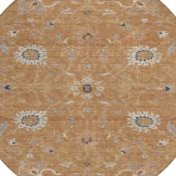 8' Copper Ivory And Black Round Floral Washable Indoor Outdoor Area Rug