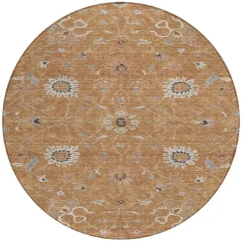 8' Copper Ivory And Black Round Floral Washable Indoor Outdoor Area Rug