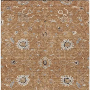9' X 12' Copper Ivory And Black Floral Washable Indoor Outdoor Area Rug