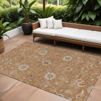 9' X 12' Copper Ivory And Black Floral Washable Indoor Outdoor Area Rug