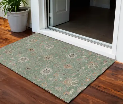 3' X 5' Artichoke Green Ivory And Coral Floral Washable Indoor Outdoor Area Rug
