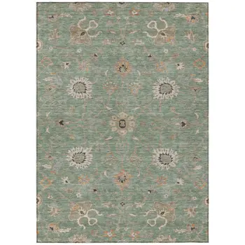 3' X 5' Artichoke Green Ivory And Coral Floral Washable Indoor Outdoor Area Rug