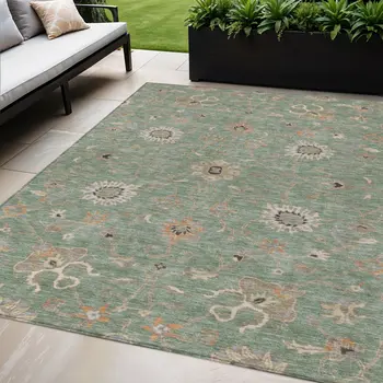 5' X 8' Artichoke Green Ivory And Coral Floral Washable Indoor Outdoor Area Rug