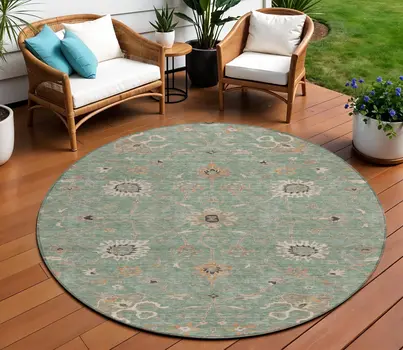 8' Artichoke Green Ivory And Coral Round Floral Washable Indoor Outdoor Area Rug