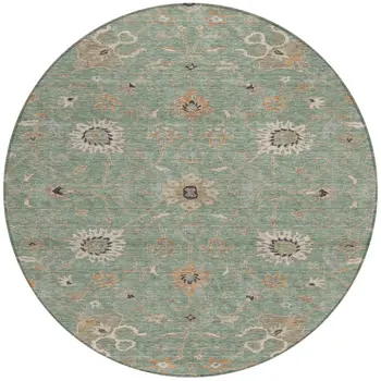8' Artichoke Green Ivory And Coral Round Floral Washable Indoor Outdoor Area Rug