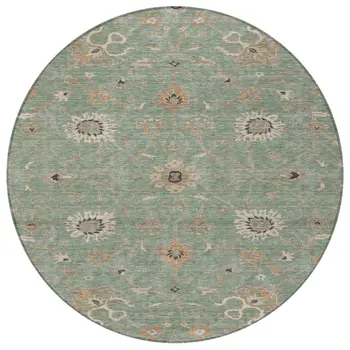 8' Artichoke Green Ivory And Coral Round Floral Washable Indoor Outdoor Area Rug