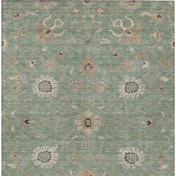 8' X 10' Artichoke Green Ivory And Coral Floral Washable Indoor Outdoor Area Rug